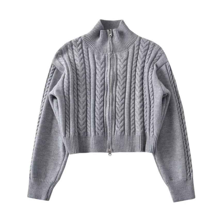 Cable-Knit Zip-Up Cardigan Long Sleeve