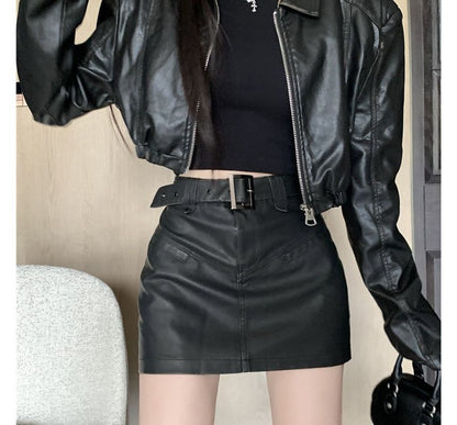 Faux Leather Mini Pencil Skirt with High-Rise Waistband