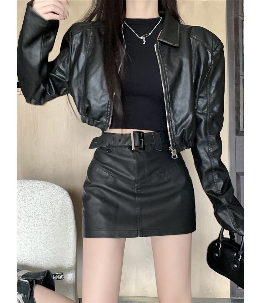Faux Leather Mini Pencil Skirt with High-Rise Waistband