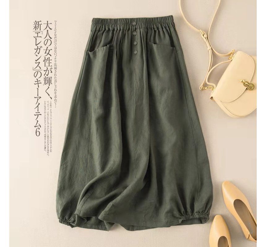 Elastic-Waist A-Line Midi Skirt with Clean Plain Look