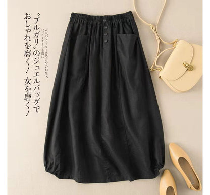 Elastic-Waist A-Line Midi Skirt with Clean Plain Look