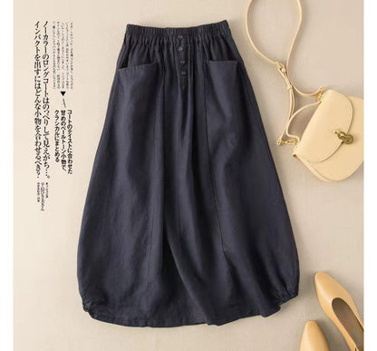 Elastic-Waist A-Line Midi Skirt with Clean Plain Look