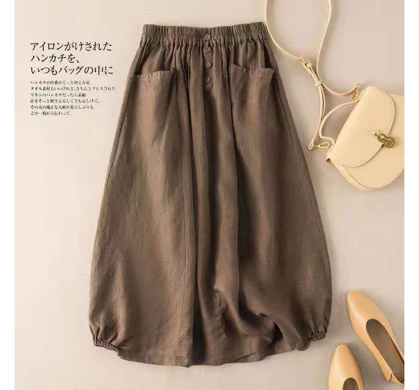 Elastic-Waist A-Line Midi Skirt with Clean Plain Look