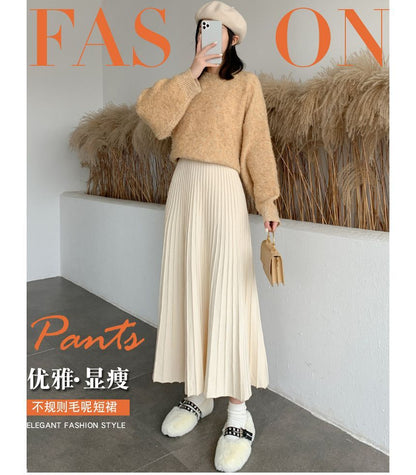Pleated A-Line Knit Midi Skirt with High-Waist Comfort