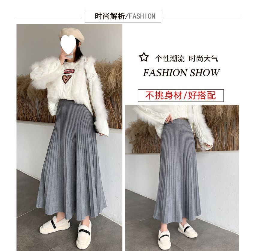 Pleated A-Line Knit Midi Skirt with High-Waist Comfort
