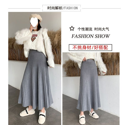 Pleated A-Line Knit Midi Skirt with High-Waist Comfort
