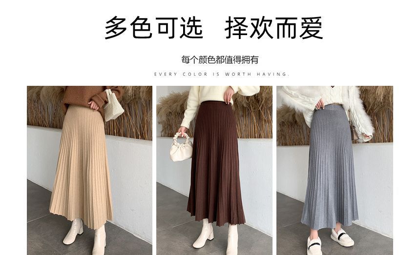 Pleated A-Line Knit Midi Skirt with High-Waist Comfort