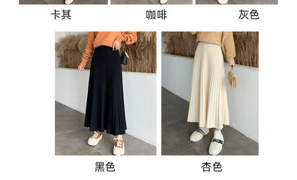 Pleated A-Line Knit Midi Skirt with High-Waist Comfort