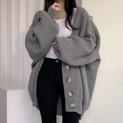 V-Neck Ribbed Oversized Button-Up Cardigan