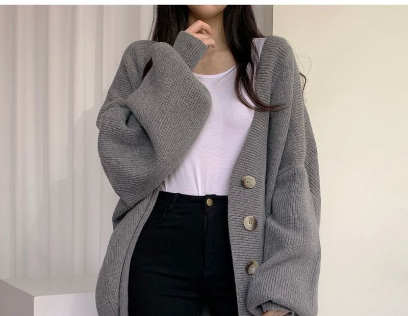 V-Neck Ribbed Oversized Button-Up Cardigan
