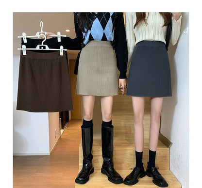 Ribbed Knit Mini Skirt with Straight Silhouette and High Rise