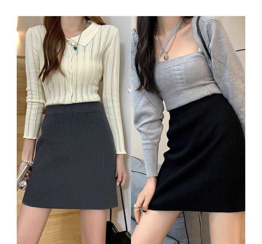 Ribbed Knit Mini Skirt with Straight Silhouette and High Rise
