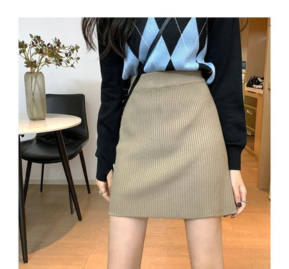 Ribbed Knit Mini Skirt with Straight Silhouette and High Rise