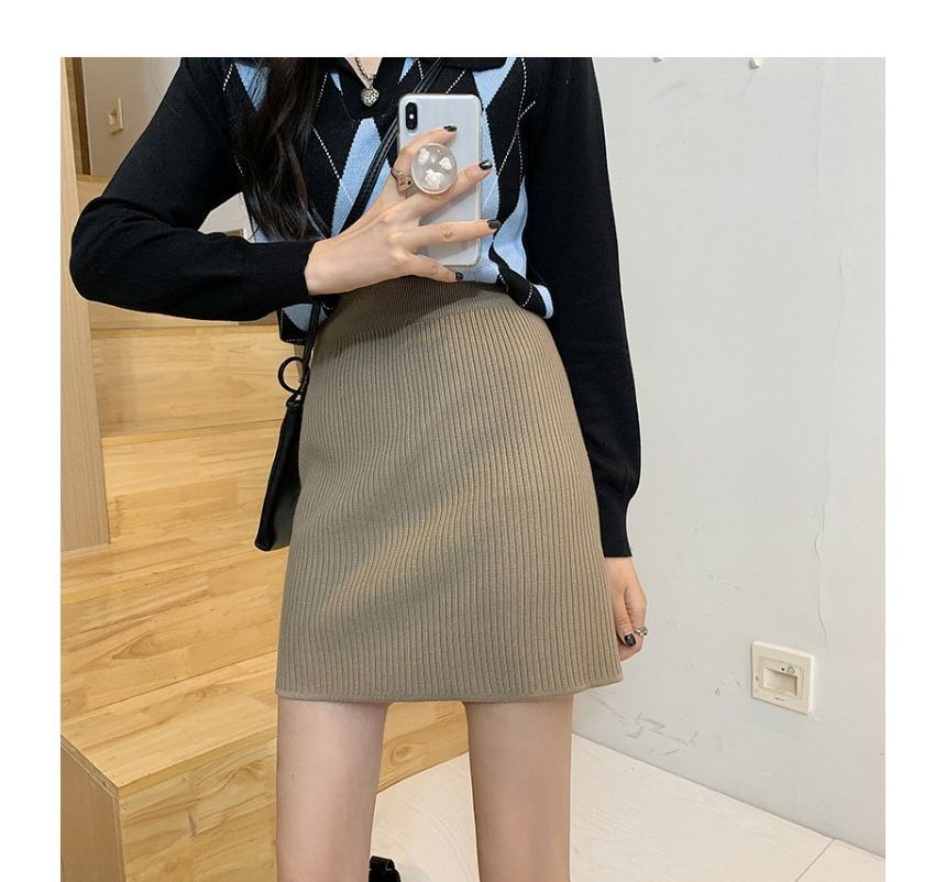 Ribbed Knit Mini Skirt with Straight Silhouette and High Rise