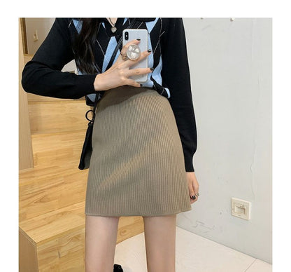 Ribbed Knit Mini Skirt with Straight Silhouette and High Rise