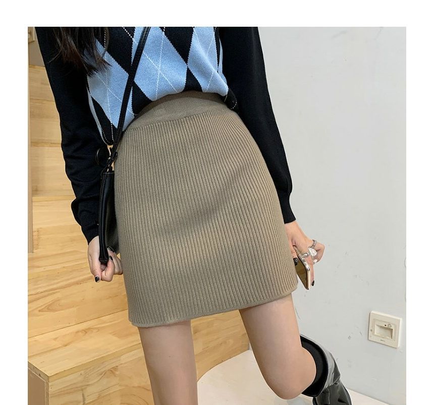 Ribbed Knit Mini Skirt with Straight Silhouette and High Rise