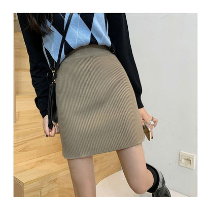 Ribbed Knit Mini Skirt with Straight Silhouette and High Rise