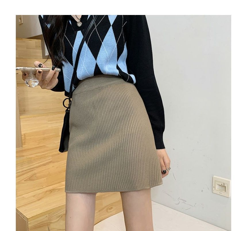 Ribbed Knit Mini Skirt with Straight Silhouette and High Rise