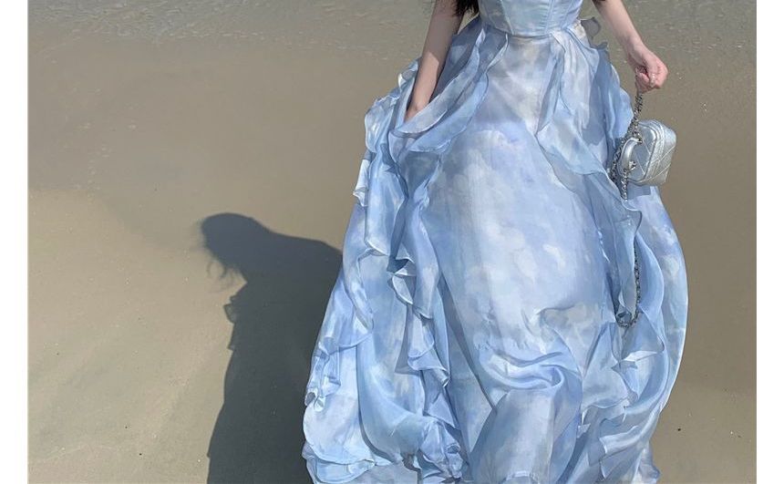Thin Strap Sweetheart Ruffle Plain Maxi A-Line Dress