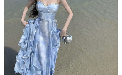 Thin Strap Sweetheart Ruffle Plain Maxi A-Line Dress