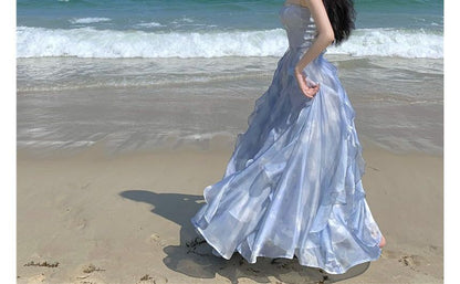 Thin Strap Sweetheart Ruffle Plain Maxi A-Line Dress
