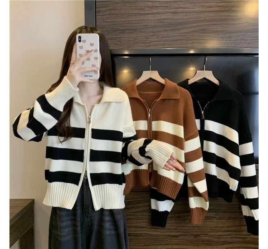Collar Striped Zip Knit Cardigan