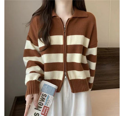 Collar Striped Zip Knit Cardigan