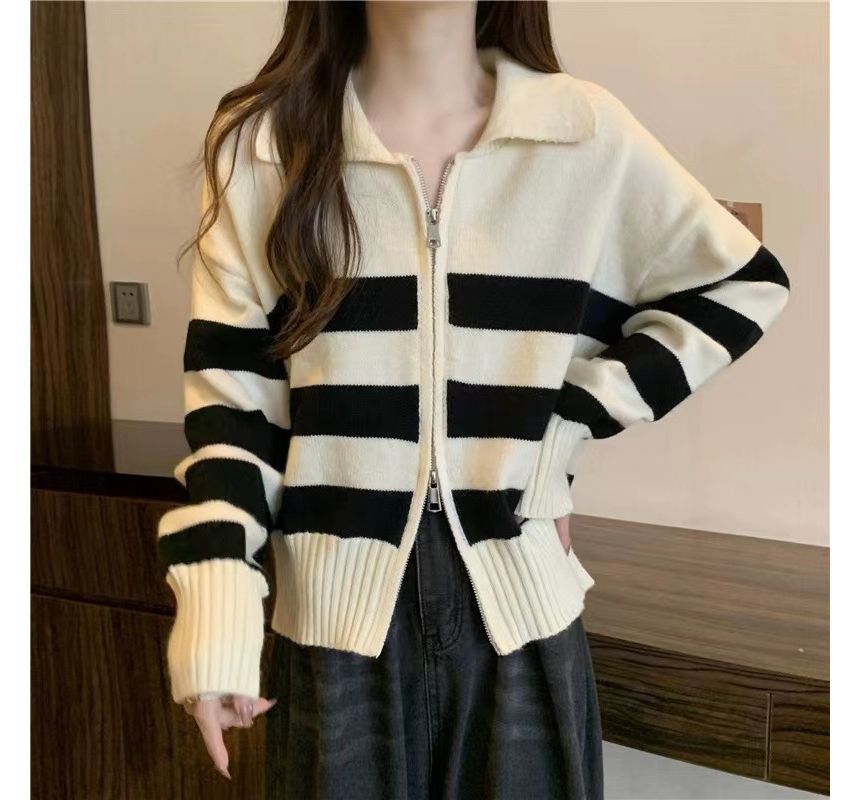 Collar Striped Zip Knit Cardigan