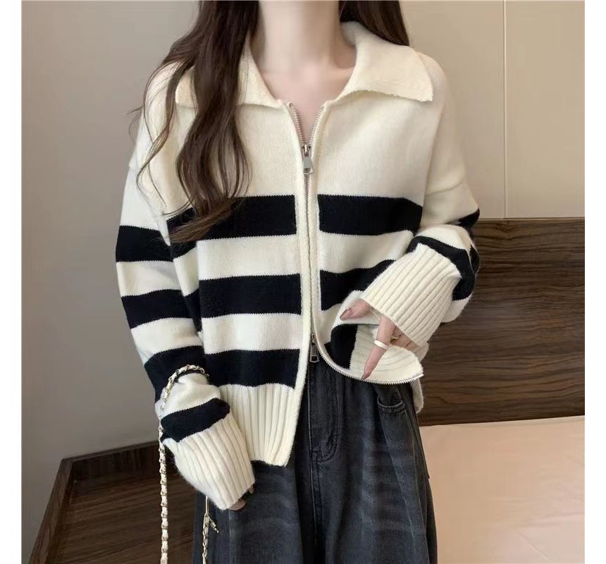 Collar Striped Zip Knit Cardigan