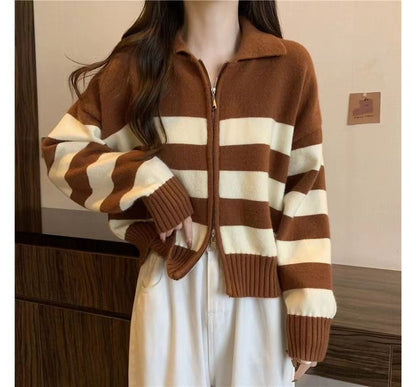 Collar Striped Zip Knit Cardigan