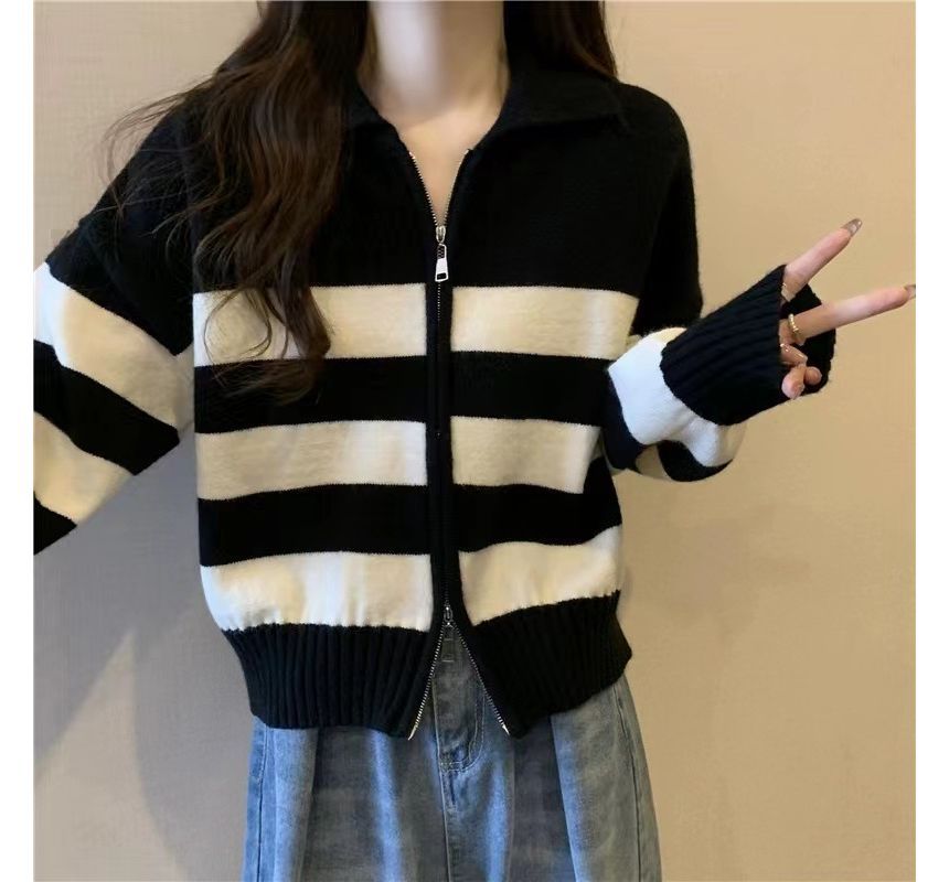 Collar Striped Zip Knit Cardigan