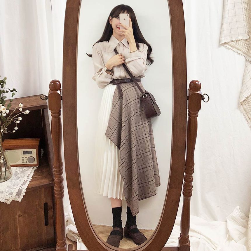 Contrast Stitched Button Shirt with Plaid Asymmetrical Pleated Midi Skirt and Belt Set