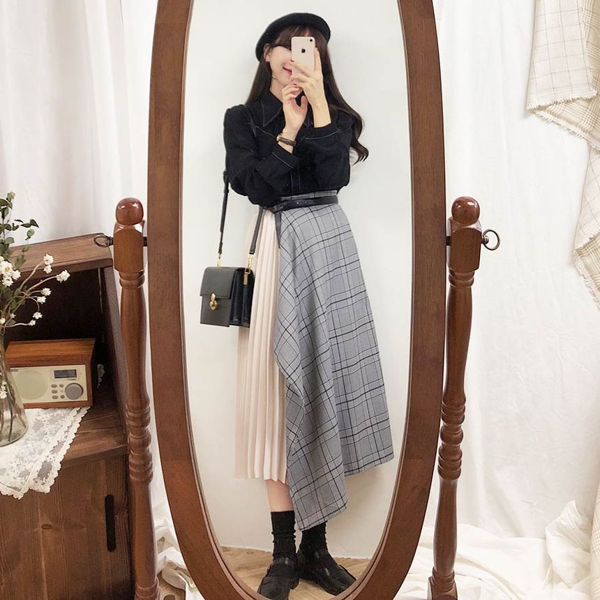 Contrast Stitched Button Shirt with Plaid Asymmetrical Pleated Midi Skirt and Belt Set