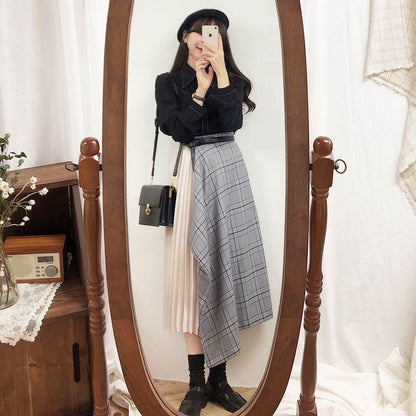 Contrast Stitched Button Shirt with Plaid Asymmetrical Pleated Midi Skirt and Belt Set