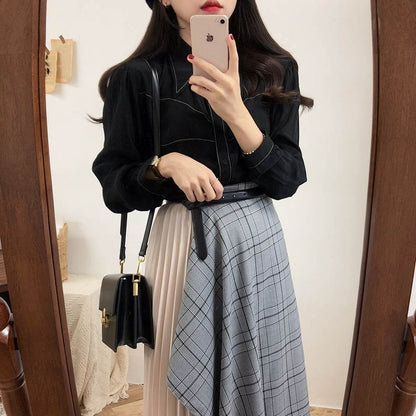 Contrast Stitched Button Shirt with Plaid Asymmetrical Pleated Midi Skirt and Belt Set