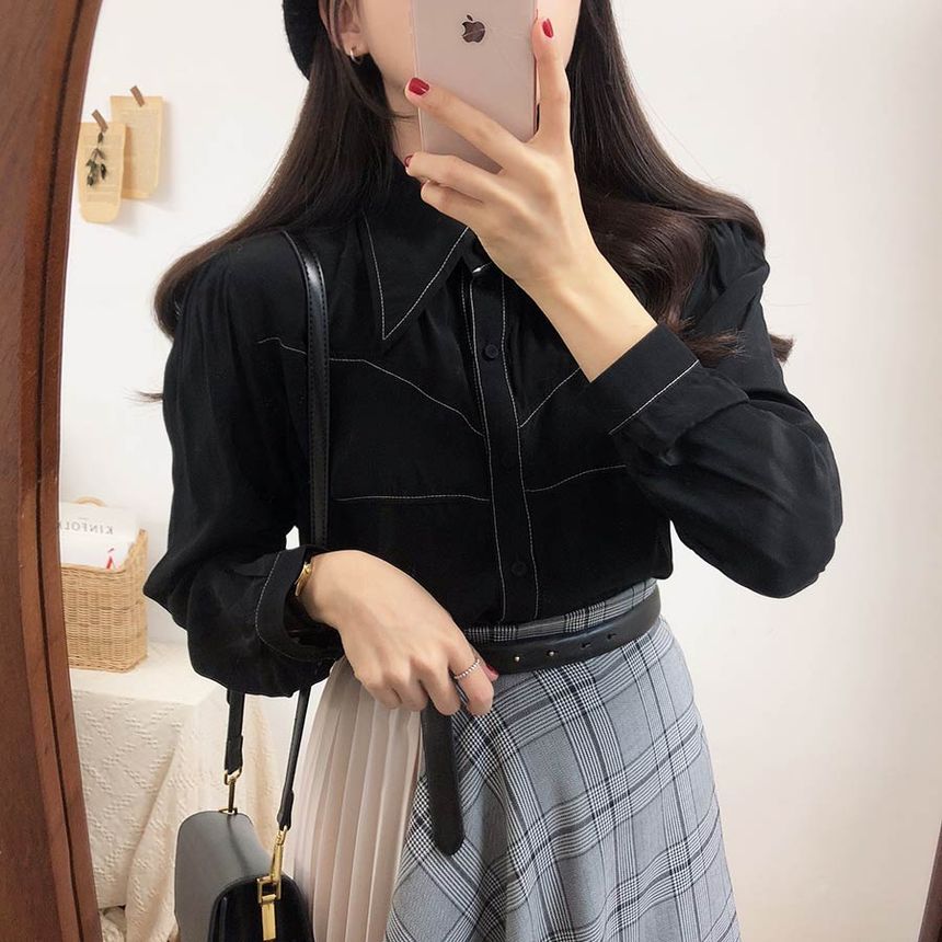 Contrast Stitched Button Shirt with Plaid Asymmetrical Pleated Midi Skirt and Belt Set