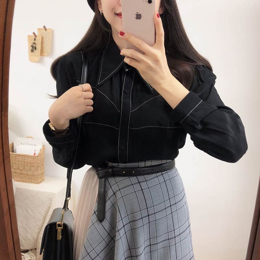 Contrast Stitched Button Shirt with Plaid Asymmetrical Pleated Midi Skirt and Belt Set