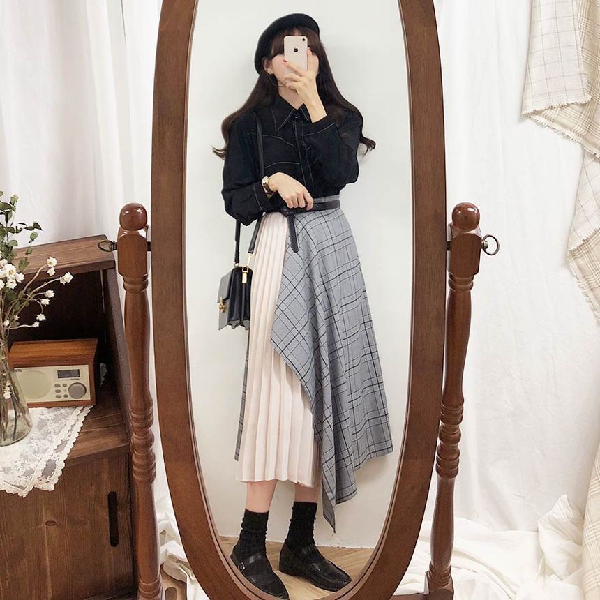 Contrast Stitched Button Shirt with Plaid Asymmetrical Pleated Midi Skirt and Belt Set