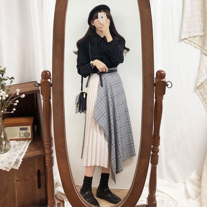 Contrast Stitched Button Shirt with Plaid Asymmetrical Pleated Midi Skirt and Belt Set
