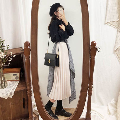 Contrast Stitched Button Shirt with Plaid Asymmetrical Pleated Midi Skirt and Belt Set