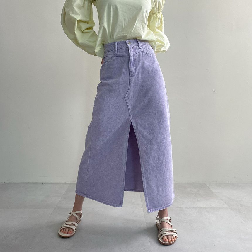 High-Waist Front-Slit Denim Maxi A-Line Skirt