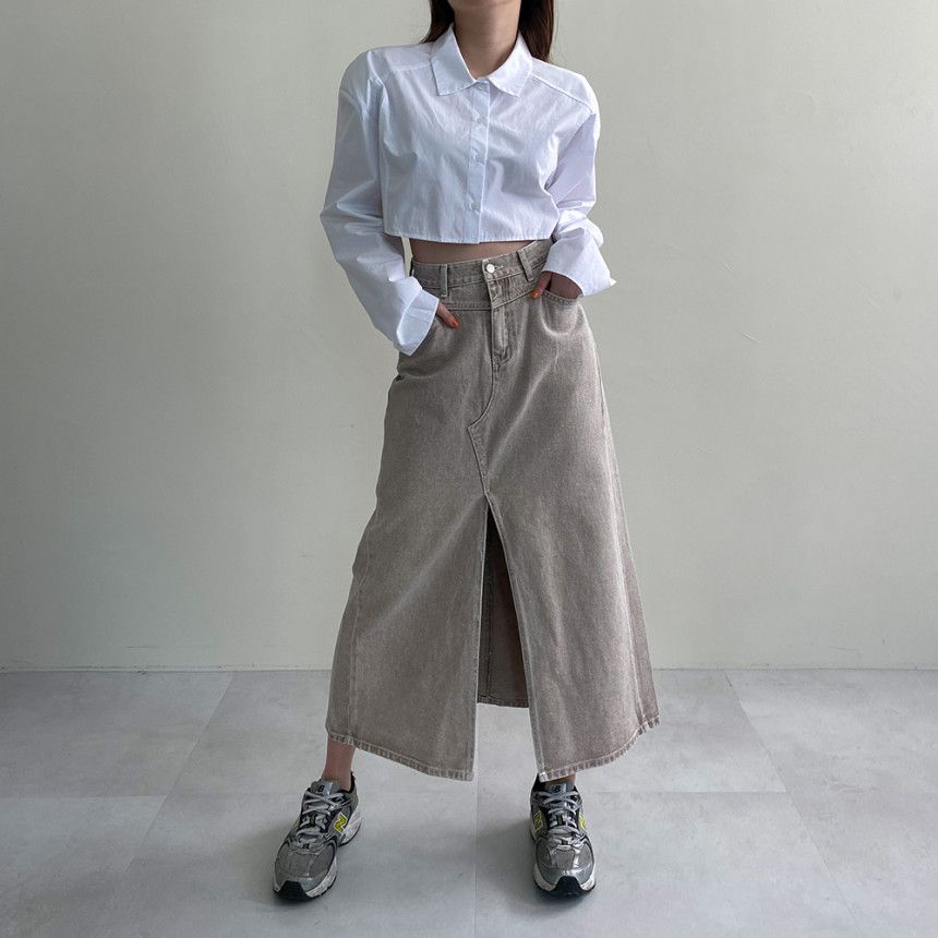 High-Waist Front-Slit Denim Maxi A-Line Skirt