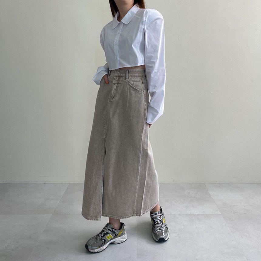 High-Waist Front-Slit Denim Maxi A-Line Skirt
