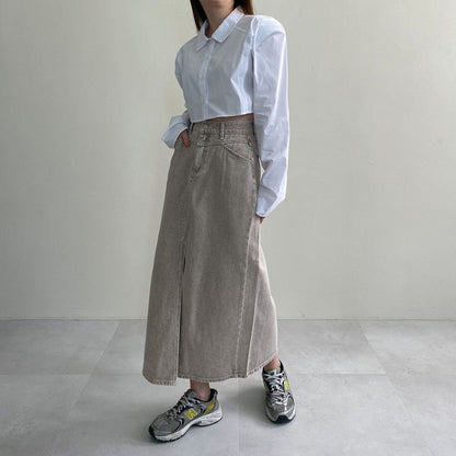 High-Waist Front-Slit Denim Maxi A-Line Skirt
