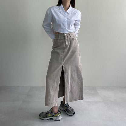 High-Waist Front-Slit Denim Maxi A-Line Skirt