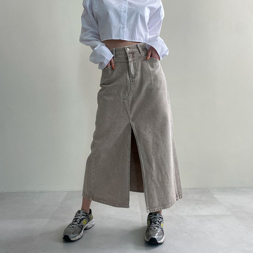 High-Waist Front-Slit Denim Maxi A-Line Skirt