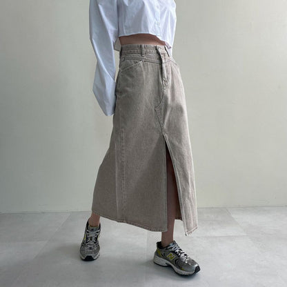 High-Waist Front-Slit Denim Maxi A-Line Skirt
