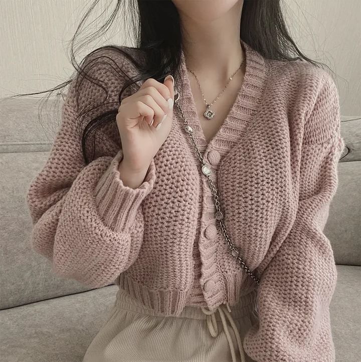 V-Neck Crop Button-Up Cardigan