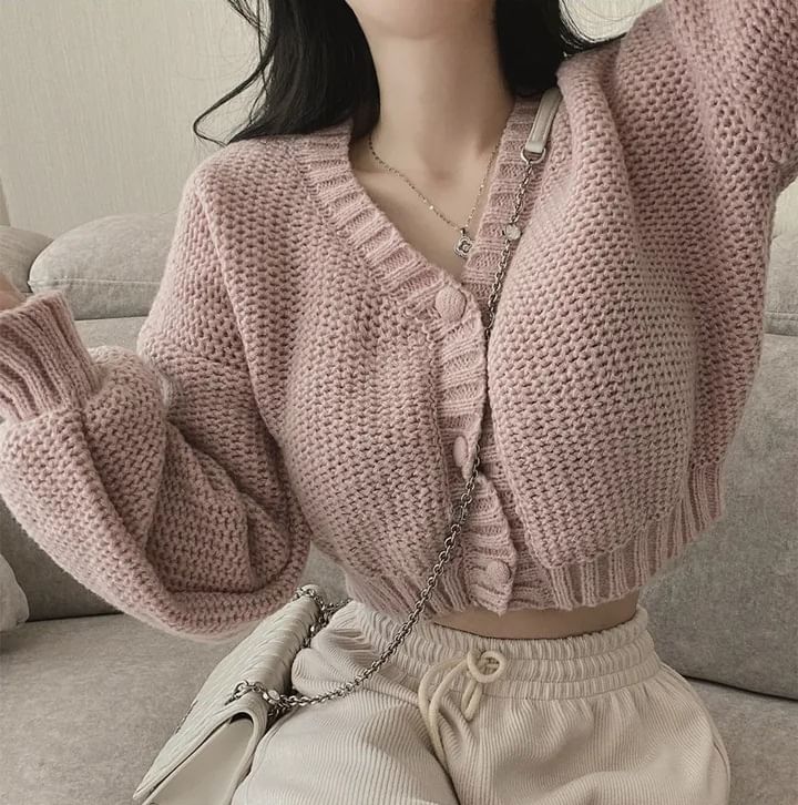 V-Neck Crop Button-Up Cardigan