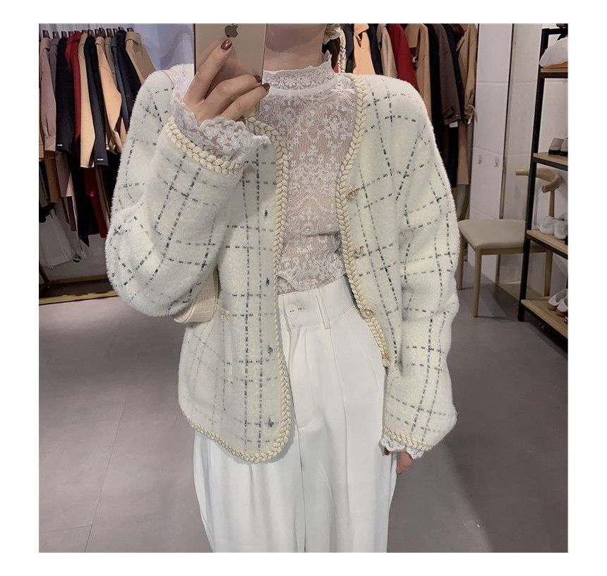 Plaid Braided Trim Pearl Button Cardigan